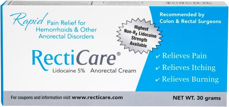 Recticare كريم ليدوكائين 5% للاستخدام الشرجي: كريم مخدر موضعي لعلاج البواسير وغيرها من الاضطرابات الشرجية - أنبوب 30 جرام - Image 1